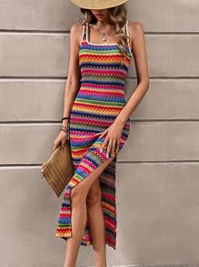 SHEIN VCAY 幾何印花高衩洋裝 - 玫紅色 - 查看 5