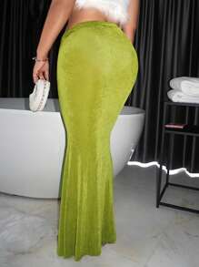 SHEIN SXY 夏季纯色美人鱼下摆半身裙 - 綠色 - 查看 2