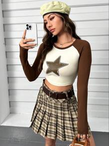 SHEIN Unity Women's Star Print Contrast Color Round Neck Long Sleeve T-Shirt - Brown - View 1