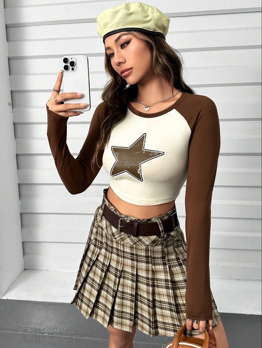 SHEIN Unity Women's Star Print Contrast Color Round Neck Long Sleeve T-Shirt - Brown - View 1