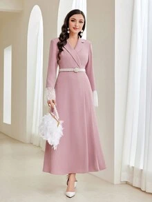 Modelyn Shawl Collar Contrast Lace Dress Without Belt - Dusty Pink - View 3