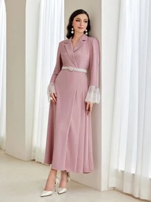 Modelyn Shawl Collar Contrast Lace Dress Without Belt - Dusty Pink - View 6