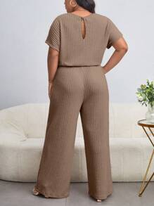 SHEIN Essnce Plus Solid Batwing Sleeve Wide Leg Jumpsuit - Brown - View 2