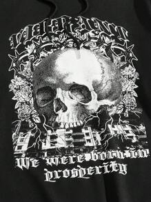 ROMWE MEN Goth Nam Hình ảnh Skull & chữ cái Dây rút Hoodie - màu đen - Xem 3