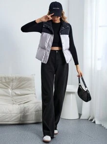 SHEIN Essnce 雙色拉鏈開襟羽絨背心大衣 - 彩色 - 查看 4