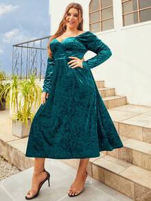 S BETRO Talla grande Vestido de hombros descubiertos fruncido - Verde Oscuro - Ver 4