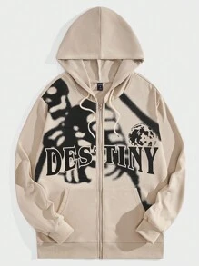 ROMWE MEN Goth Guys Letter Skeleton Graphic Zip Up Drawstring Hoodie - Apricot - View 1