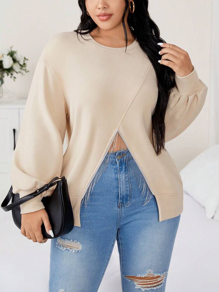 Plus Solid Drop Shoulder Wrap Hem Sweatshirt Pullover Fall Sweatshirt