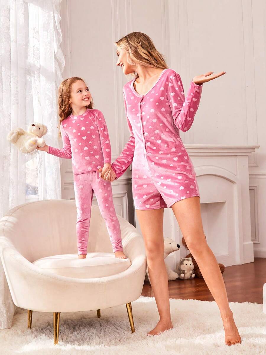 年輕女孩粉白色心形圖案2件緊身睡衣套裝,可分開購買作為媽媽和我搭配服飾 - 玫紅色 - 查看 1