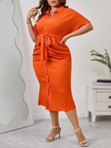 SHEIN Privé Talla grande Vestido camisero fruncido con botón delantero con cinturón - Naranja - Ver 5