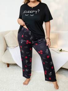 大碼字母圖案T恤和褲子睡衣套裝 - 黑與白 - 查看 2