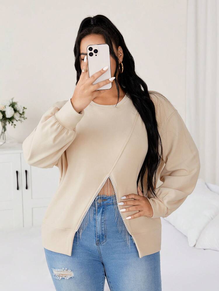 Plus Solid Drop Shoulder Wrap Hem Sweatshirt Pullover Fall Sweatshirt