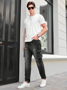 RueChic Men's Ripped Pocket Distressed Washed Denim Jeans - Black - View 3