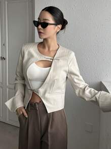 DAZY Solid Button Detail Cutout Crop Blazer Business Attire - Apricot - View 6