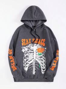 ROMWE MEN Grunge Punk 男士骷髏及字母圖案束口保暖連帽衣 - 灰色 - 查看 1