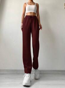 EURMUSE Solid Drawstring Waist Straight Leg Pants - Rust Brown - View 4