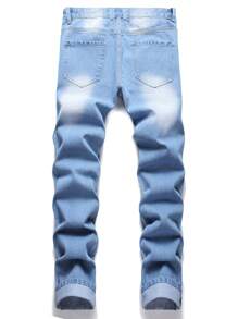 男士破洞拉链口袋牛仔裤 - 淺色水洗藍 - 查看 2