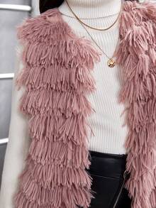 SHEIN Tween Girl Open Front Fuzzy Vest Coat - Black - View 5