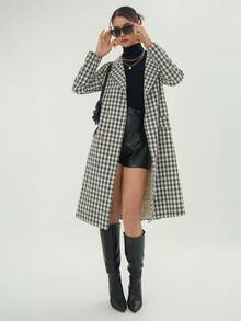 SHEIN Essnce Gingham Print Double Breasted Coat - Black and White - View 3