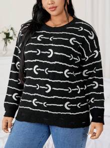 SHEIN Clasi Plus Moon Pattern Drop Shoulder Sweater Knit Pullover Fall Winter Sweater - Black - View 3