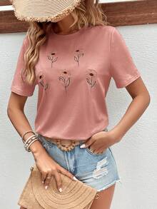 SHEIN Frenchy Floral Print Tee Summer Flower Pink - Pink - View 4