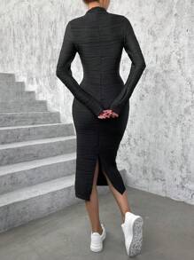 SHEIN Essnce 素色前繫帶緊身洋裝 - 黑色 - 查看 2