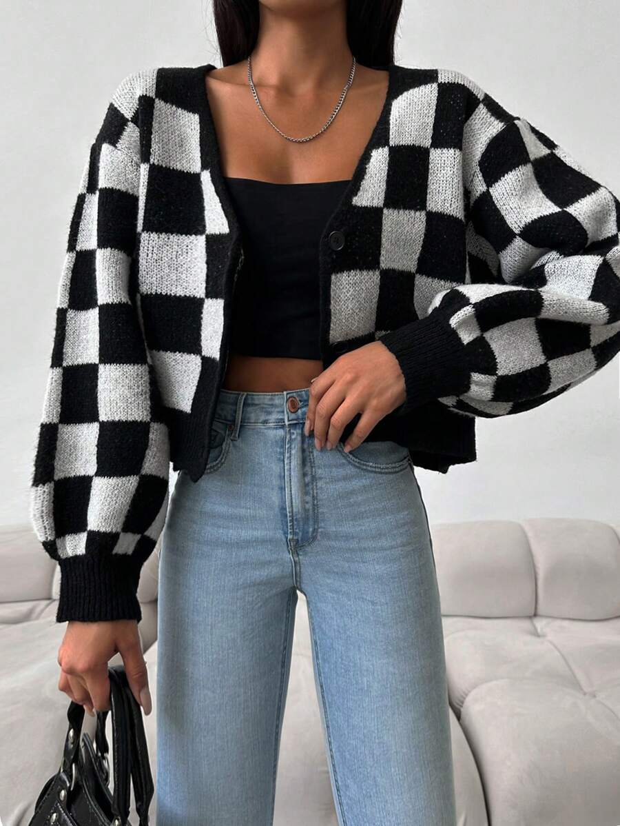 EURMUSE Checker Pattern Drop Shoulder Cardigan - Black and White - View 1