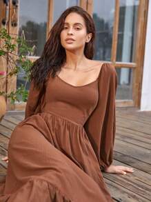 Bohemela Sweetheart Neck Lace Hem Dress - Brown - View 4