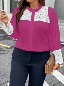 SHEIN Unity Plus Contraste Painel Bordado Ilhós Acabamento De Folho Botão Frontal Blusa - Pink - Visão 4