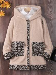 SHEIN Tween Girl Leopard Pattern Dual Pocket Hooded Teddy Coat Without Sweater - Beige - View 1