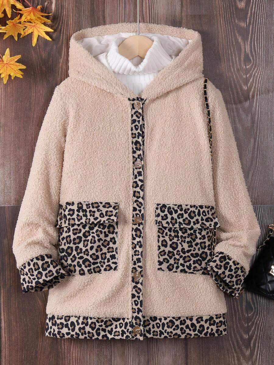 SHEIN Tween Girl Leopard Pattern Dual Pocket Hooded Teddy Coat Without Sweater - Beige - View 1