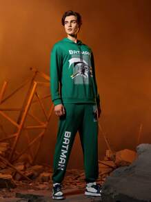 BATMAN X SHEIN Men Letter Graphic Drawstring Hoodie & Sweatpants - Green - View 3