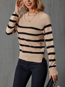 SHEIN LUNE Color Block Striped Raglan Sleeve Skin-Friendly Sweater For Layering,Long Sleeve Tops - Camel - View 5