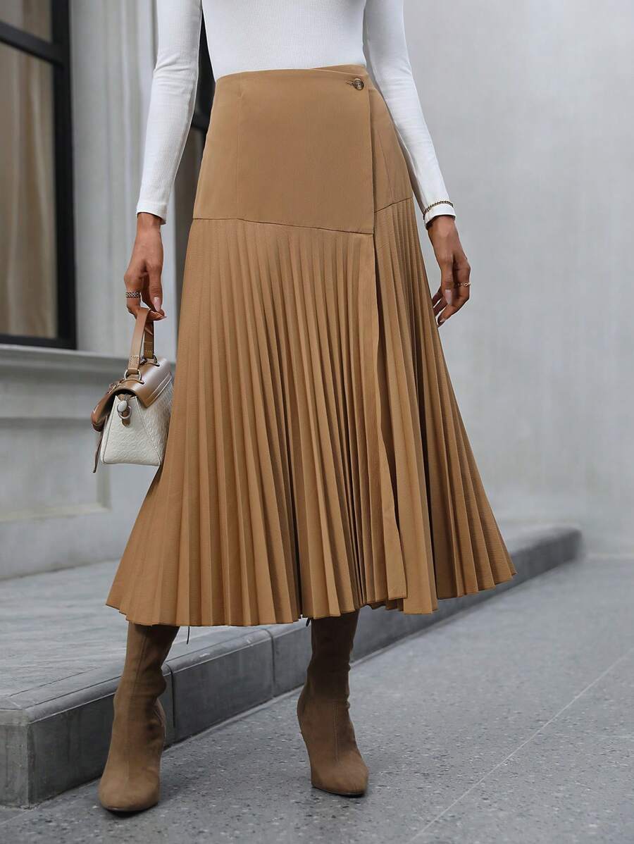 SHEIN Clasi Button Detail Pleated Skirt - Khaki - View 1