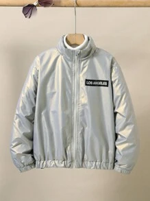 SHEIN Tween Boy Letter Graphic Zip Up Thermal Lined Jacket Without Sweater - White - View 3