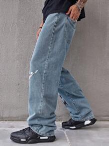 Manfinity EMRG Loose Men Letter Graphic Straight Leg Jeans - Light Wash - View 6