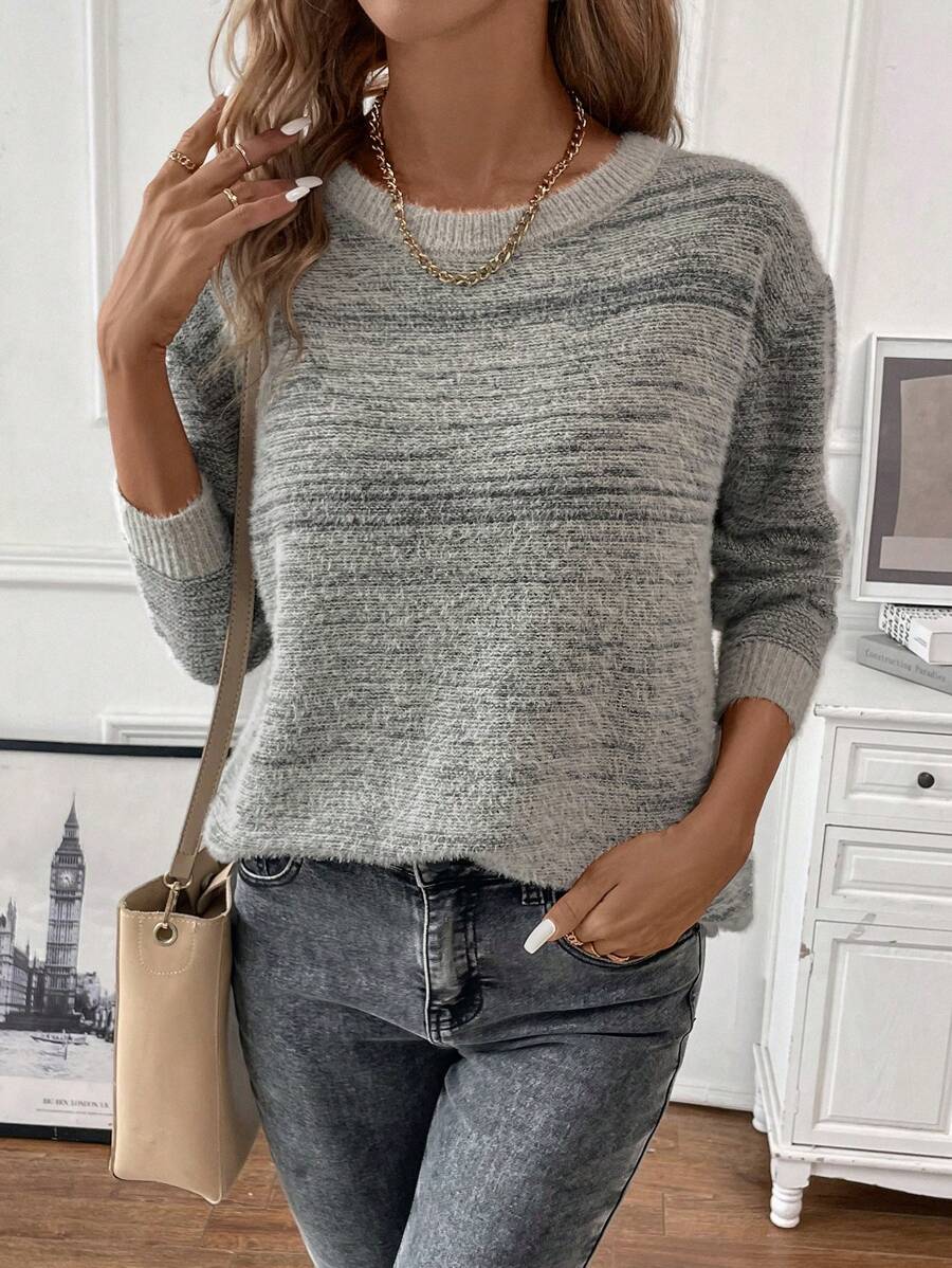 SHEIN LUNE Space Dye Drop Shoulder Sweater - Grey - View 1