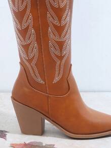 SHUZIA Embroidery Detail Chunky Heeled Boots Mother's Day Present - Brown - View 4