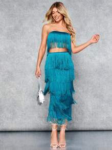 SHEIN X Antonella SHEIN BAE 流蘇邊抹胸上衣&半身裙 - 綠色 - 查看 3