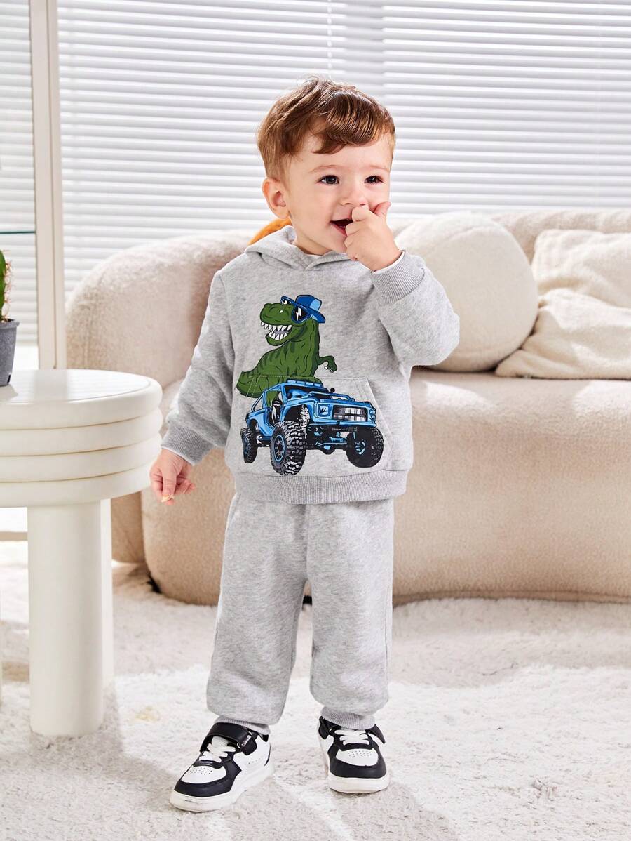SHEIN 男嬰恐龍印花連帽衫和運動褲 - 灰色 - 查看 1