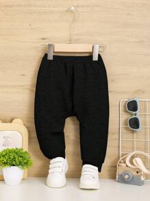 SHEIN Leap Crew Quần bé trai dệt kim màu đen giản dị thoải mái với dây thắt lưng thun trơn - màu đen - Xem 1