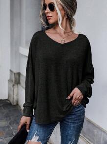 SHEIN LUNE Solid Tie Back Drop Shoulder Tee Fall Cloth For Women - Black - View 5