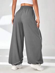 SHEIN Sports Contrast Piping Drawstring Hem Sports Pants - Grey - View 2