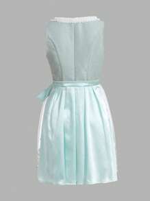 SHEIN Unity Floral Embroidery Lace Up Front Belted Dress - Mint Green - View 2