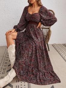 SHEIN VCAY Vestido con estampado de paisley escote corazón de manga farol bajo con fruncido