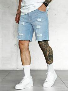 Men Ripped Frayed Raw Hem Denim Shorts Jorts