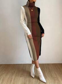 Vestido de suéter de cuello alto con bloques de color casual y de moda para mujer - Multicolor - Ver 5