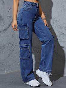 Flap Pocket Side Cargo Jeans - Medium Wash - View 4