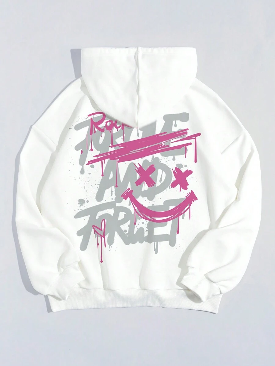 SHEIN EZwear 超大号女士休闲卡通图案长袖连帽运动衫，适合秋冬季 - 白色 - 查看 1