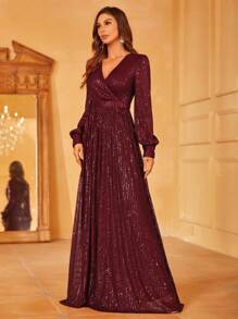 Đầm dạ hội cổ tròn tay loe đính sequin - Màu Đỏ Sâu - Xem 5